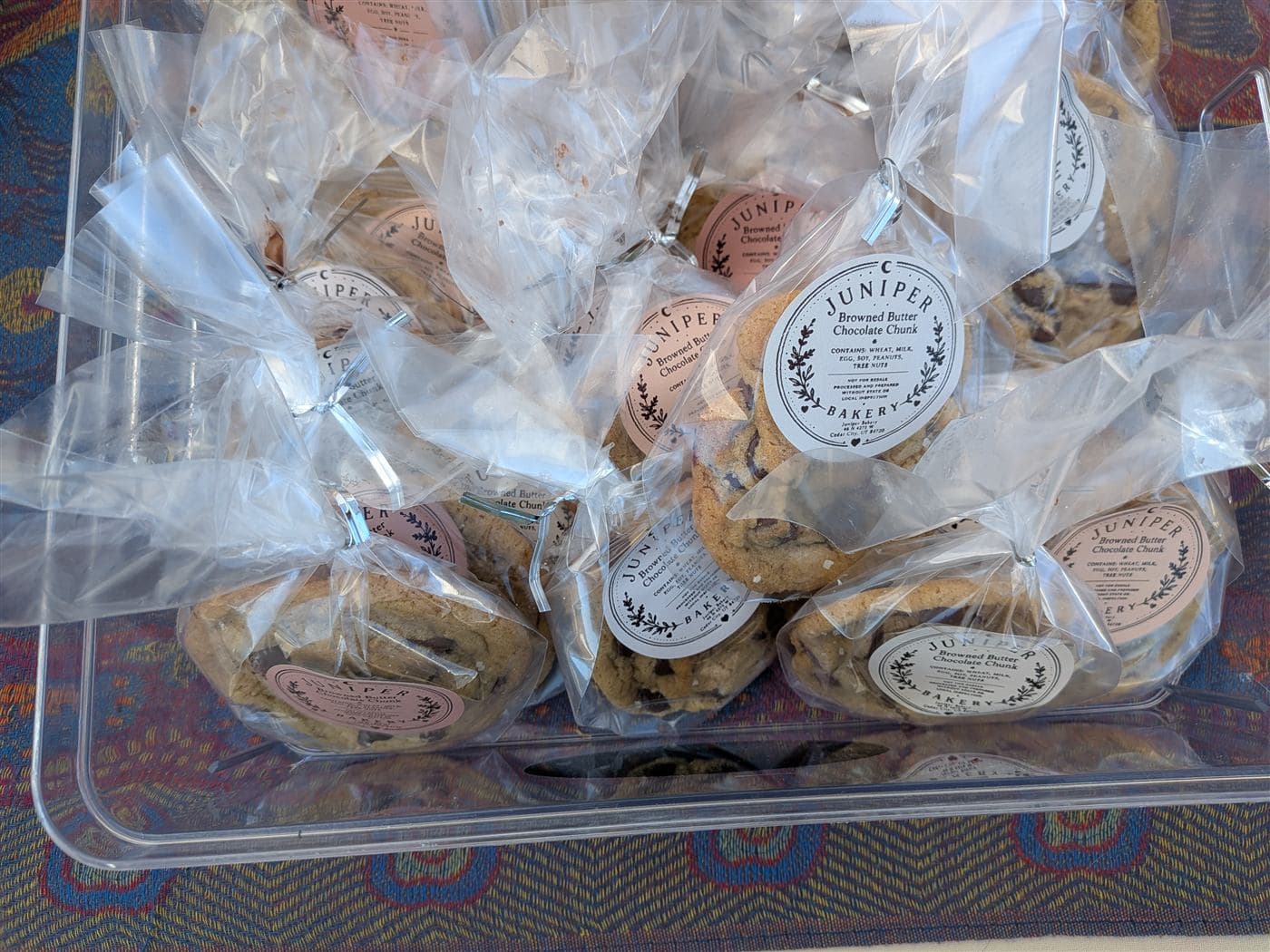 Bagged chocolate chunk cookies in a bin