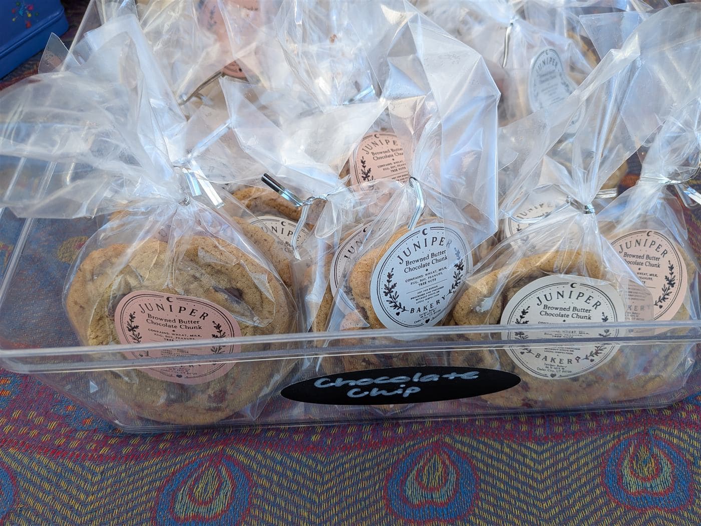 Browned butter chocolate chunk cookies in a market bin
