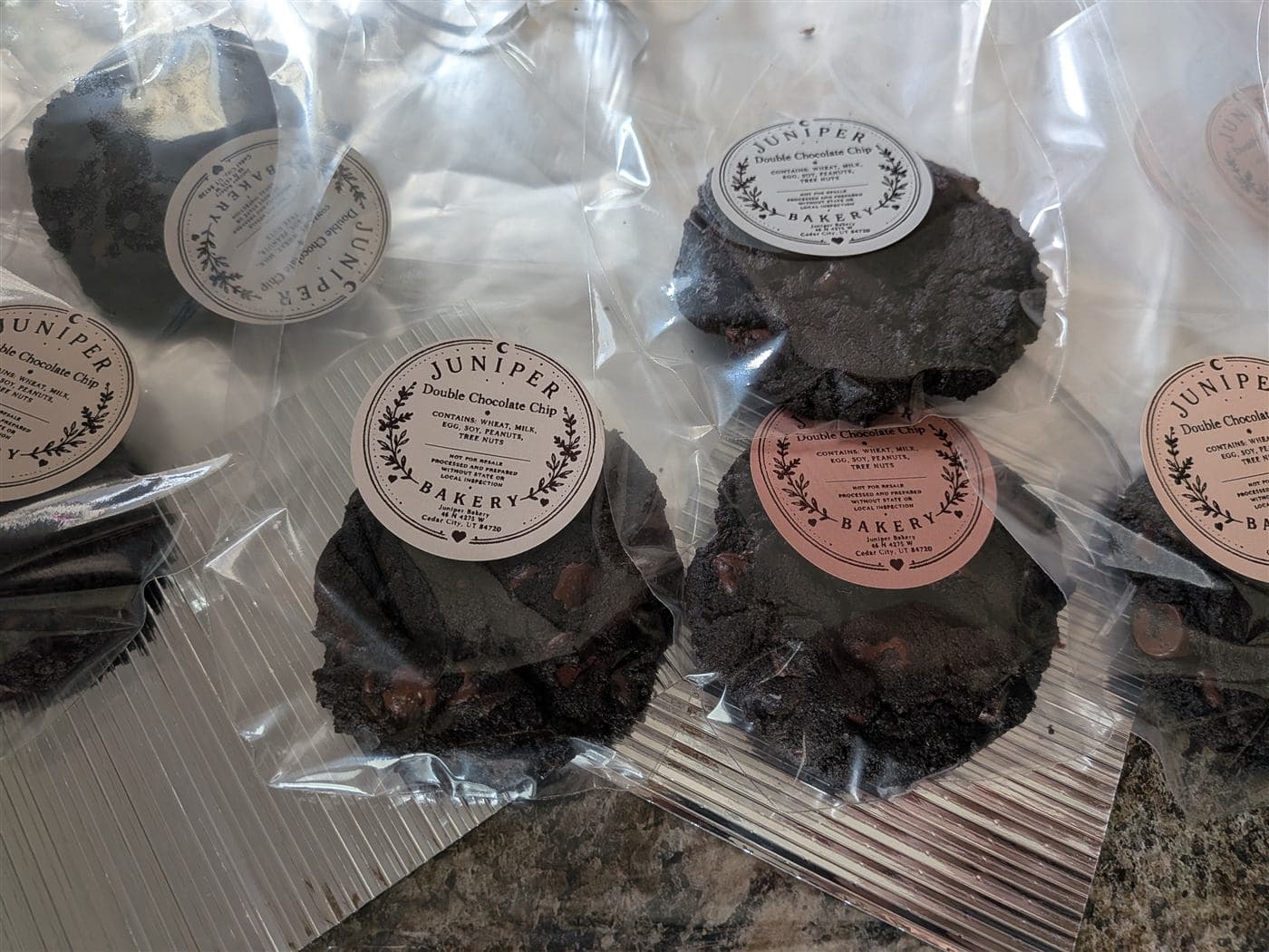 Double chocolate chip cookies in bakery packaging