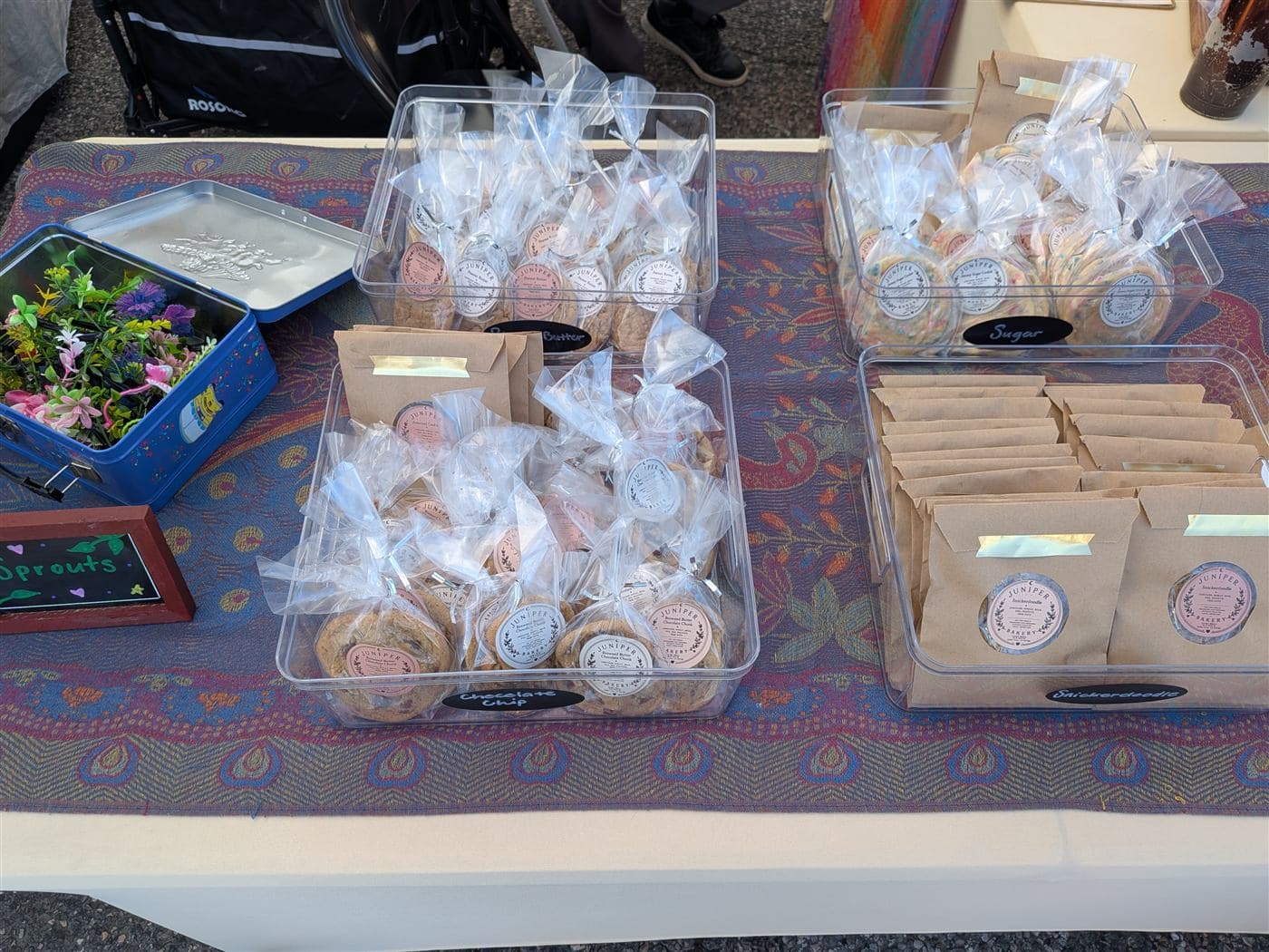 Juniper Bakery market table with packaged cookies
