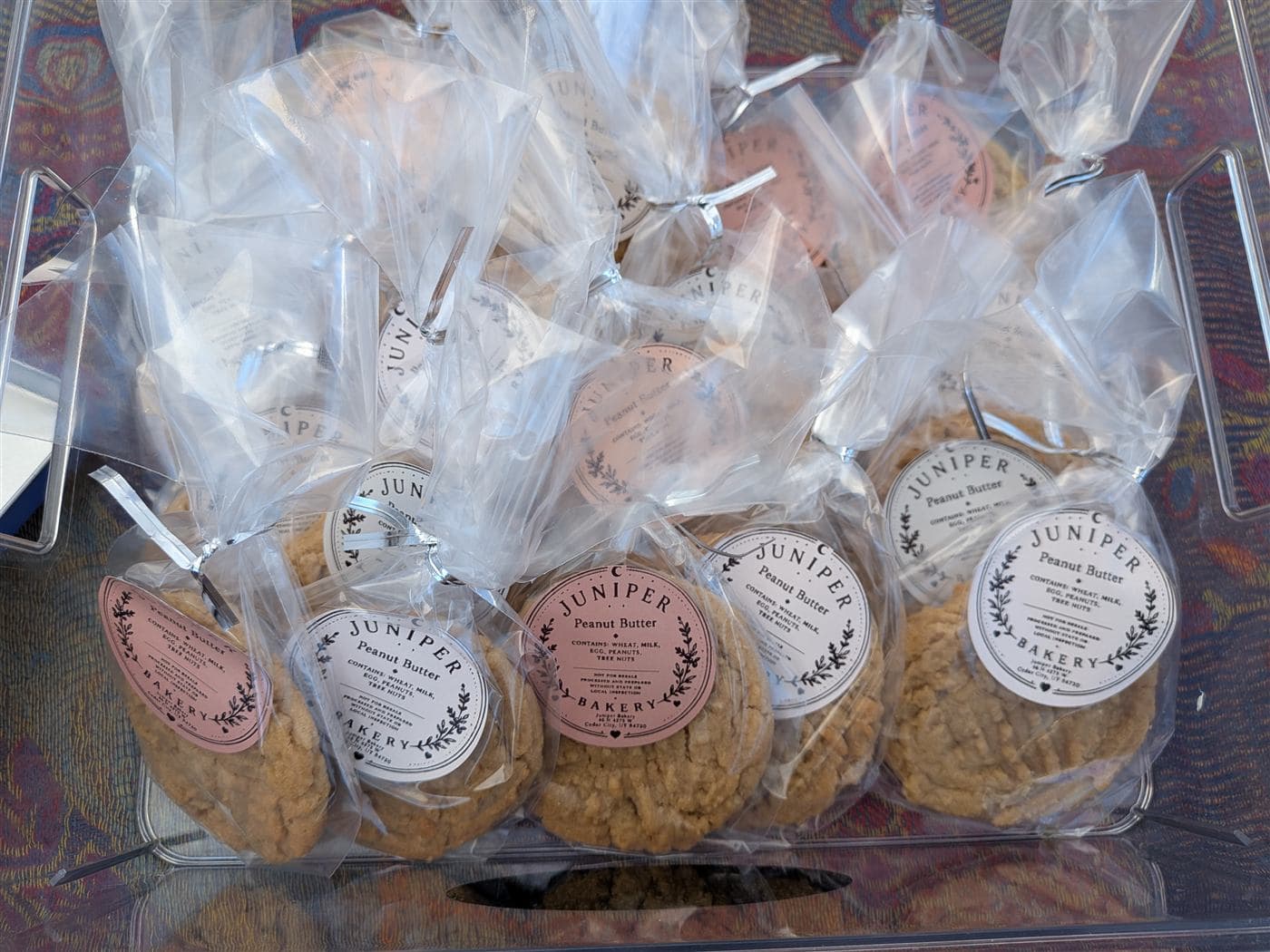Bagged peanut butter cookies in a market bin